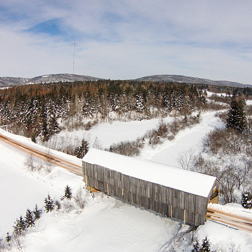 An aerial view of the Millstream River #5 Covered Bridge located in Centerville, Kings County, New Brunswick, Canada.