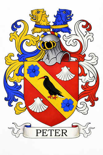 Family Coat of Arms for the Peter Family - Photo Size: 8"x10", Price $55.00, Plus Shipping and Packaging shown above.
