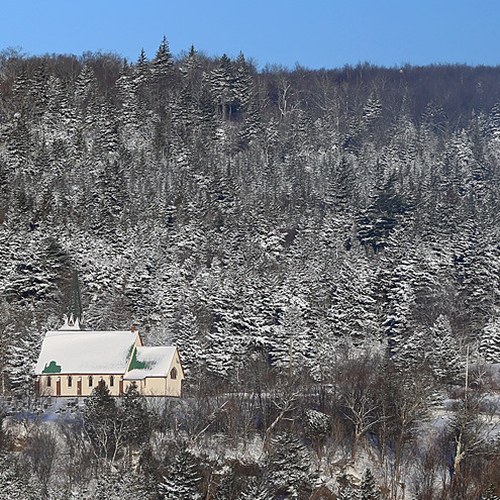 The Kingston Peninsula and All Saints Anglican church on the morning after a snowfall.