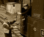 WLLR Driver of Countess and Blockman exchange tickets at Cyfronydd Sta