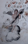 San Gabriel Arcángel, baptistry mural, cherub playing bassoon