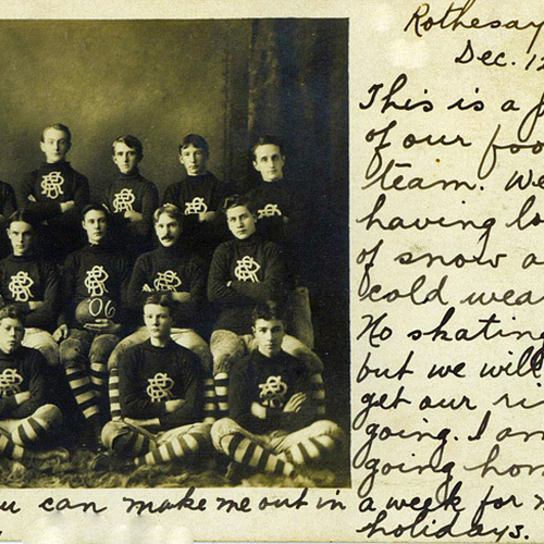 Real photo postcard of the Rothesay Collegiate School football team & with clear writing & commentary about the clima…