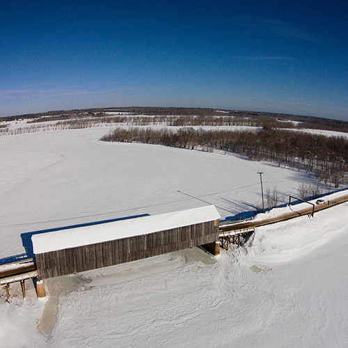 An aerial view of the Starkey or Long Creek #1 Covered Bridge located in Codys, Queens County, New Brunswick, Canada…