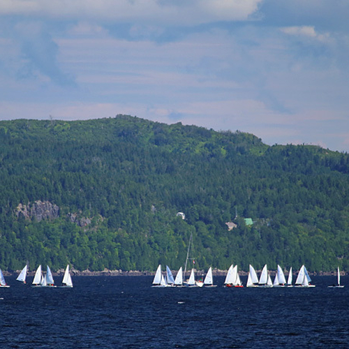 Panorama of the RYC Regatta on Kennebecasis Bay in Rothesay, NB with Clifton Royal and the Kingston Peninsula in the…