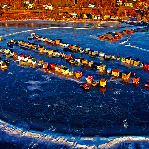 An aerial view looking east towards the 100 shacks that makeup this seasonal fishing village along the banks of the K…