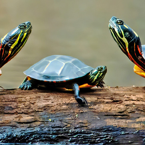 A family of Eastern Painted Turtles are seen basking together on a floating log. Turtles are ectothermic (cold-bloode…