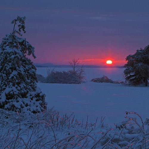 The red hues of the setting sun resonate throughout the glazed winterscape.