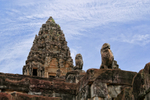 Lion statues on Bakong pyramid, Cambodia