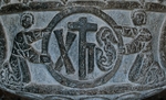 Convento, baptismal font detail, angels & Christogram