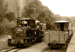 WLLR The Earl and Pickering coaches at Welshpool Raven Square sepia