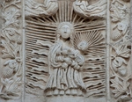 La Asunción, façade, central relief, Coronation of the Virgin, detail