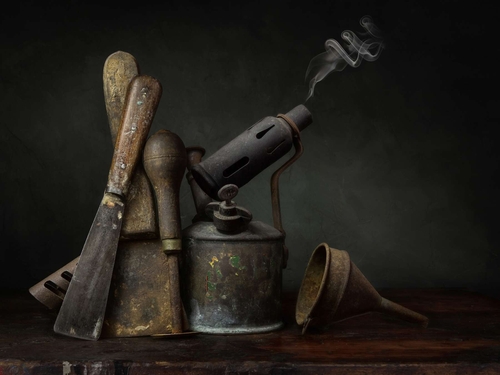 Finished for the Day. Light-painted still-life, featuring a blow-lamp and other vintage implements. Lit with diffused…