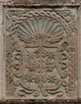 SS Pedro & Pablo, façade portal architrave relief, Dominican insignia