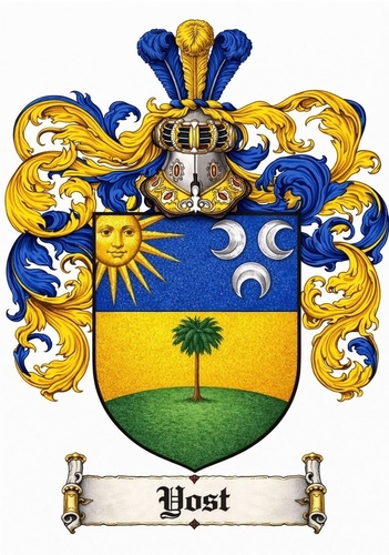 Family Coat of Arms for the Yost Family - Photo Size: 8"x10", Price $55.00, Plus Shipping and Packaging shown above.