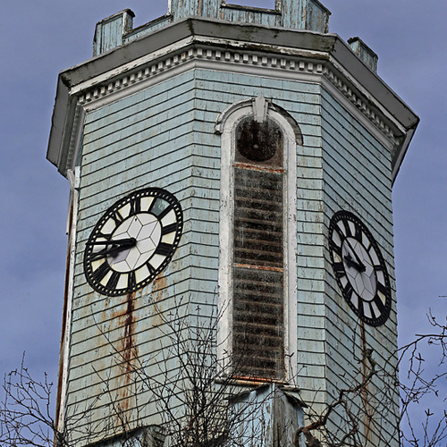 The octagonal clock tower of St. George's Anglican church on Saint John's lower westside.