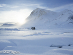 Buachaille Etive Mor and Langarabh Hut in snow