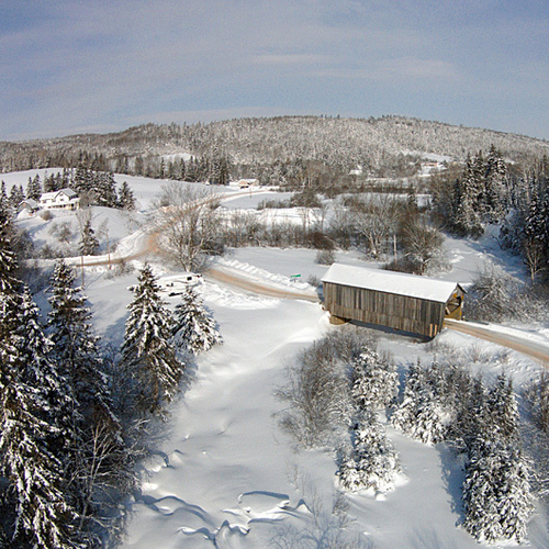 An Aerial View of Wards Creek and it's historic covered bridge.