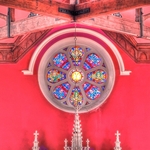 kincasslagh chapel stained glass round window above altar