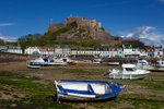 Mont Orgueil Castle & Gorey Harbour Boats at low tide