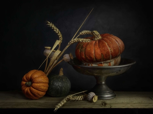 The Pewter Dish. Light-painted still-life, featuring a pewter dish and a selection of decorative gourds. Lit with dif…