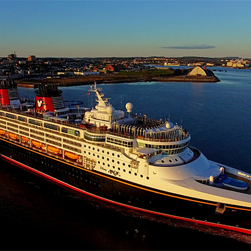 The cruise ship, Disney Magic, makes her way out of Saint John Harbour in New Brunswick, Canada.