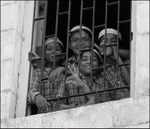 Porbander India school group at window bw
