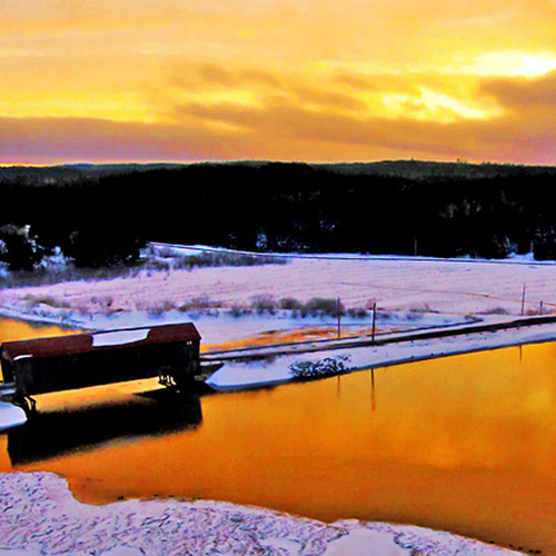 An aerial view of Tynemouth Creek and it's historic covered bridge.
