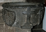 Santa Inés, baptismal font, cross & Franciscan wound