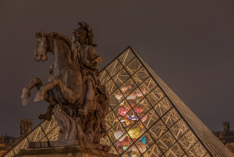 Louis XIV Statue and Louvre Pyramid, Paris