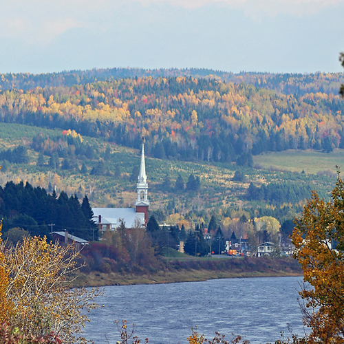 The Saint John River can be seen passing by the town of Baker Brook, New Brunswick.