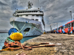 Cape Verde Islands Voyager and buses on quayside HDR