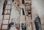 San Juan Bautista, vestibule, E wall fresco, Deposition, detail