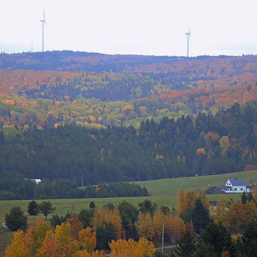 Seasonal foliage, farmland & homesteads of Prosser Brook, NB and with the wind turbines of Kent Hills Wind Farm in th…