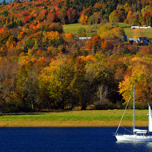 A sailboat heads down river near Wickham, New Brunswick.