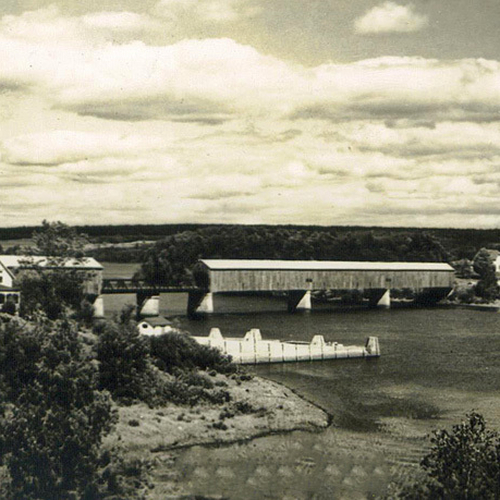 A panoramic view of the Cambridge Covered Bridge in Queens County, New Brunswick Canada which blew down in the Ground…