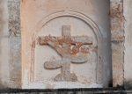 La Guadalupe, upper façade niche relief, Calvary Cross