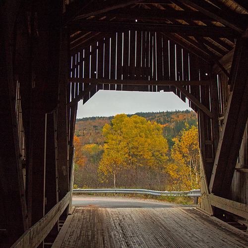 Looking outward from the Smithtown Covered Bridge in rural Kings County, New Brunswick, Canada.