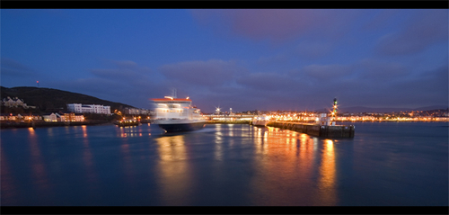 The early morning ferry, from Heysham, arrives at Douglas Harbour in the Isle of Man.