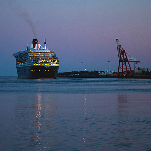 The QM2 is seen leaving the Port of Saint John, New Brunswick.