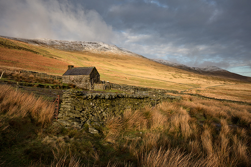 Sheep Pen and building in the Corrany Valley with North Barrule as the back drop.