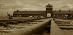 Birkenau  railway lines and entrance tower sepia