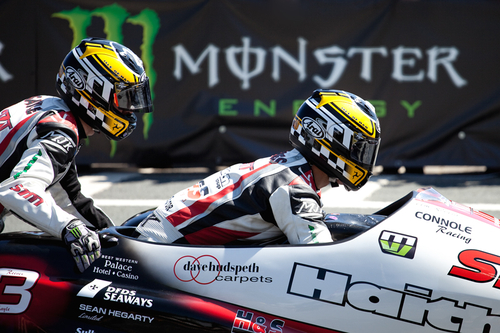 Multiple World Sidecar Champion, Tim Reeves and, Multiple TT Winner, Dan Sayle at the start line of Sidecar Race 2.