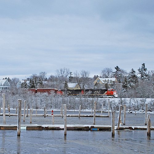 A CN Rail freight train passes through Rothesay, New Brunswick enroute to the Port City of Saint John.