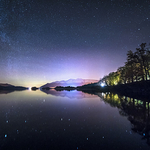 The Milky Way, Aurora Borealis, Autumn trees and snow capped mounatins