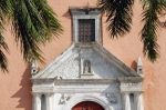 San Juan Bautista, façade portal, entablature & pediment