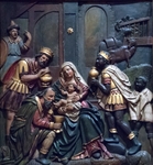 Adoration of the Kings, cut, gilded, polychromed wood (likely Spanish)