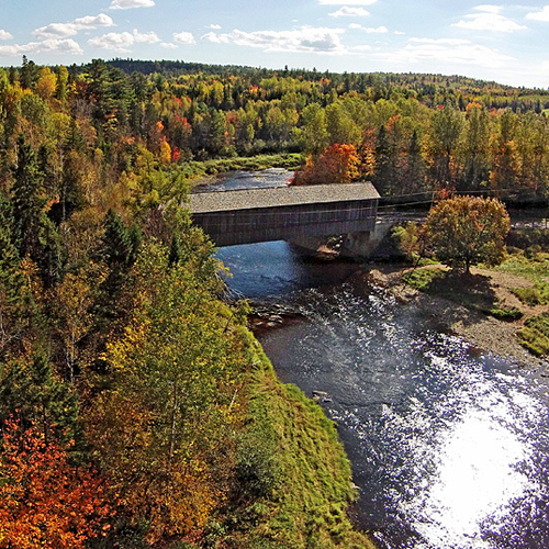 An aerial view of the Smyth Covered Bridge at Mill Settlement, New Brunswick, Canada.