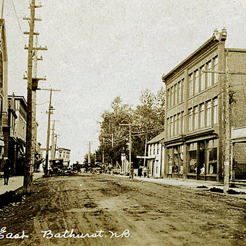 An early 20th century view and looking along Main Street East in Bathurst, New Brunswick, Canada.