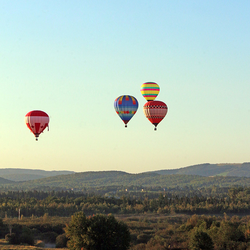 Over the Kennebecasis river valley, balloons start their descent into lush farmland.