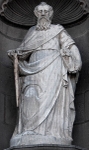 Façade, main Puerta del Perdón, lower right sculpture, St. Paul